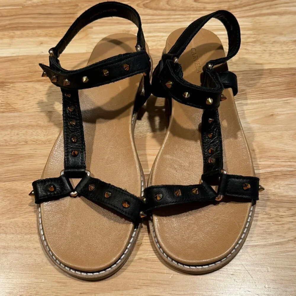 Carvela Kurt Geiger Kilter Flat Leather Sandals Black w/ Gold Studs Size US 7.5 - Picture 1 of 8